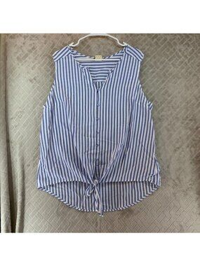 Faded Glory Blouse Womens XL Blue White Striped Sleeveless Button-Down Tie-Front
